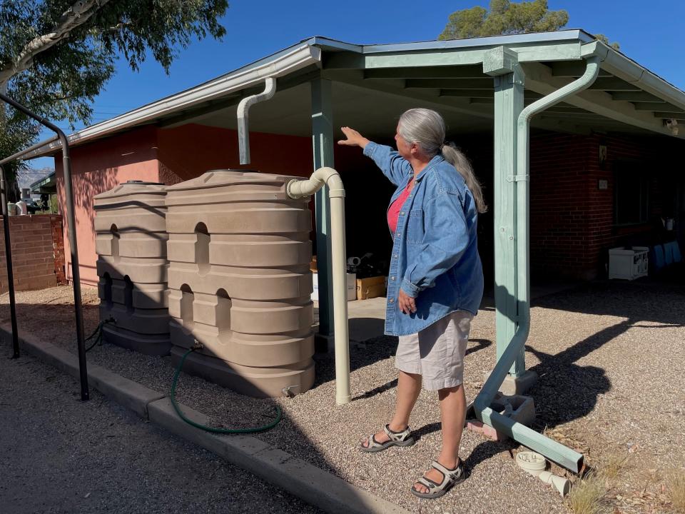 Jana Segal shows the rainwater harvesting system at her Tucson home. The two large tanks were the latest addition. A second downspout directs rainwater to a small basin with jujube trees.