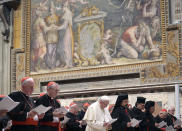 Pope Francis, center, attends a penitential liturgy at the Vatican, Saturday, Feb. 23, 2019. The pontiff is hosting a four-day summit on preventing clergy sexual abuse, a high-stakes meeting designed to impress on Catholic bishops around the world that the problem is global and that there are consequences if they cover it up (Vincenzo Pinto/Pool Photo Via AP)
