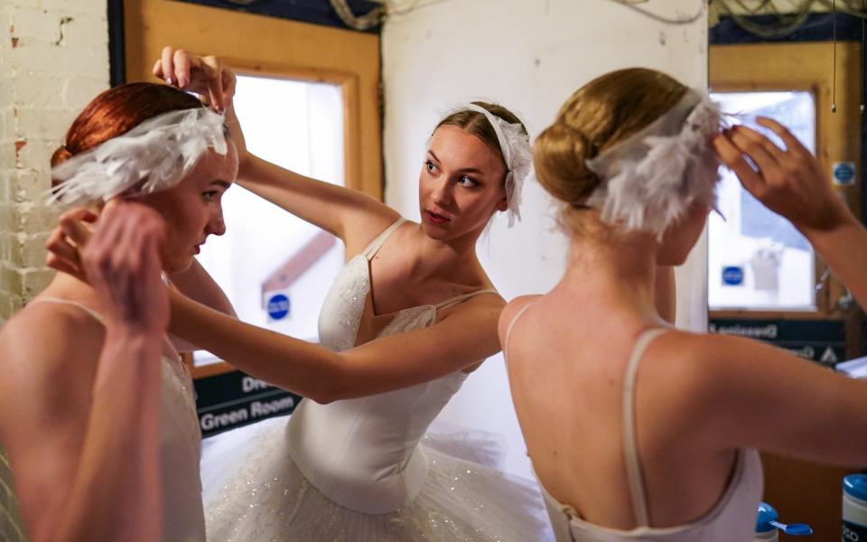 Dancers from Kyiv City Ballet make finishing touches to their costumes as they perform at York Theatre Royal  -  Ian Forsyth/Getty Images Europe