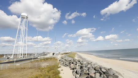 A seawall protects the launch pad at the NASA Wallops Flight Facility in Virginia October 24, 2013. REUTERS/Kevin Lamarque