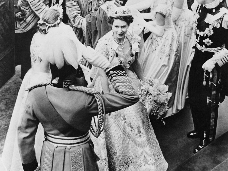 Queen Elizabeth II arrives for her coronation, on June 2, 1953 in London.