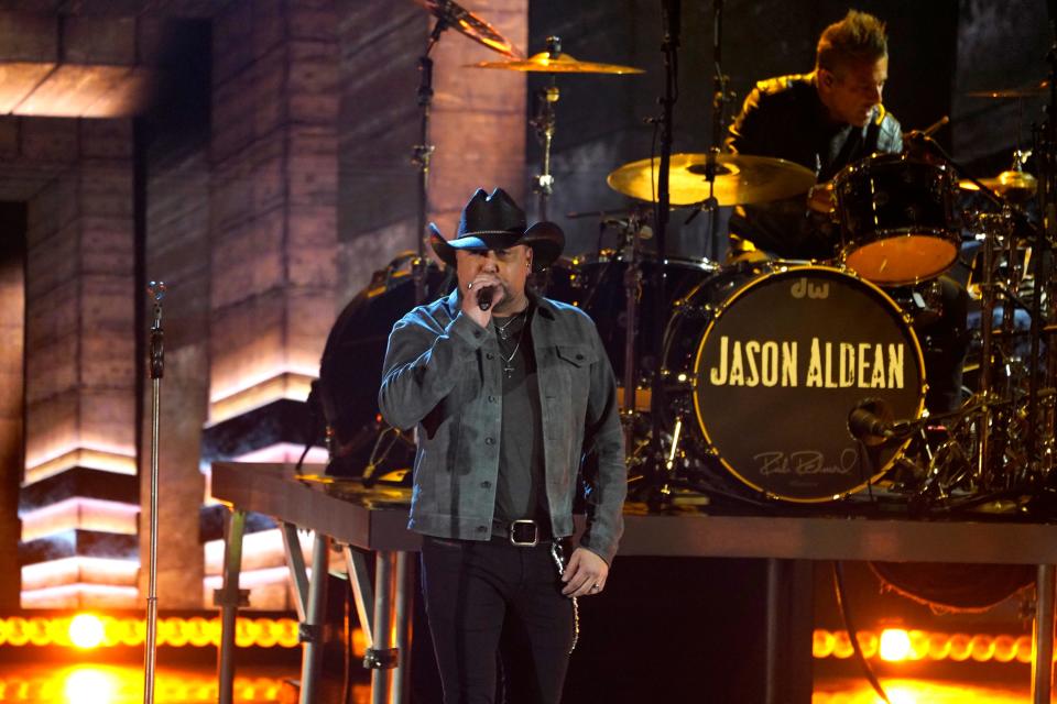 Jason Aldean performs at the iHeartRadio Music Awards on Tuesday, March 22, 2022, at the Shrine Auditorium in Los Angeles. (AP Photo/Chris Pizzello)