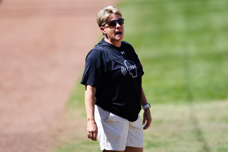 Utah head coach Amy Hogue yells from the sideline during an NCAA softball game between Utah and UCLA at Dumke Family Softball Stadium in Salt Lake City on April 29, 2023. | Ryan Sun, Deseret News