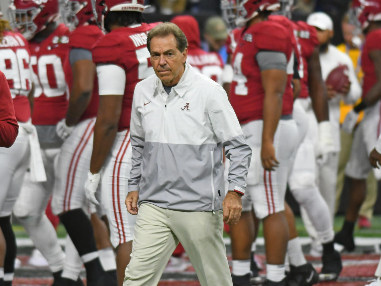 INDIANAPOLIS, IN - JANUARY 10: Alabama Crimson Tide Head Coach Nick Saban before the College Football Playoff National Championship Game between the Alabama Crimson Tide and the Georgia Bulldogs on January 10, 2022, at Lucas Oil Stadium in Indianapolis, IN.(Photo by Jeffrey Vest/Icon Sportswire via Getty Images)