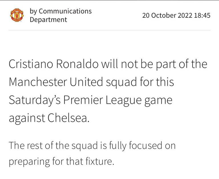 El comunicado oficial de Manchester United, en el que confirma que Cristiano Ronaldo no jugará contra Chelsea