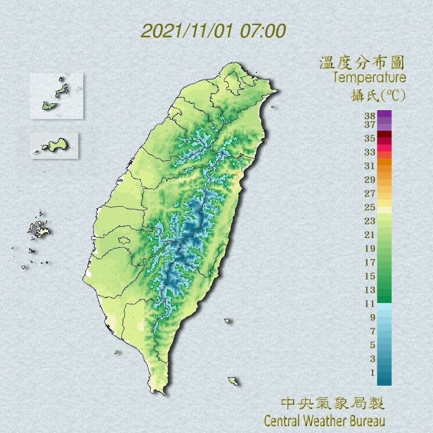 今天夜晚清晨各地低溫落在20、21℃左右。（氣象局提供） 