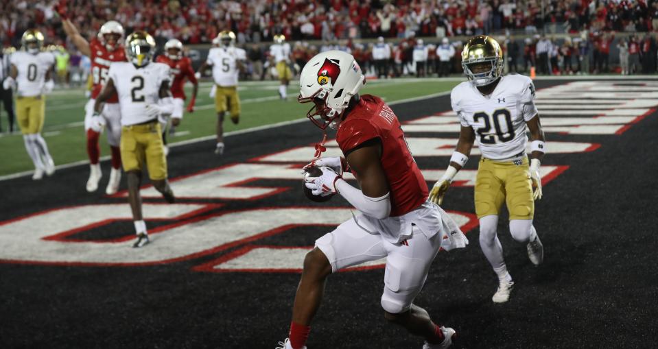 Louisville’s Jamari Thrash scores a touchdown against Notre Dame game at L & N Stadium.
Oct. 7, 2023