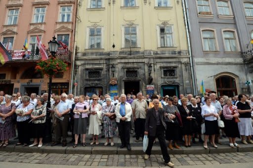 Ukrainians protest a bill broadening the rights to use the Russian language in the country in Lviv on June 10. Euro 2012 has not stopped political life in Ukraine. Far from it. Instead, football is providing the perfect platform to air a range of local and national grievances in the former Soviet state