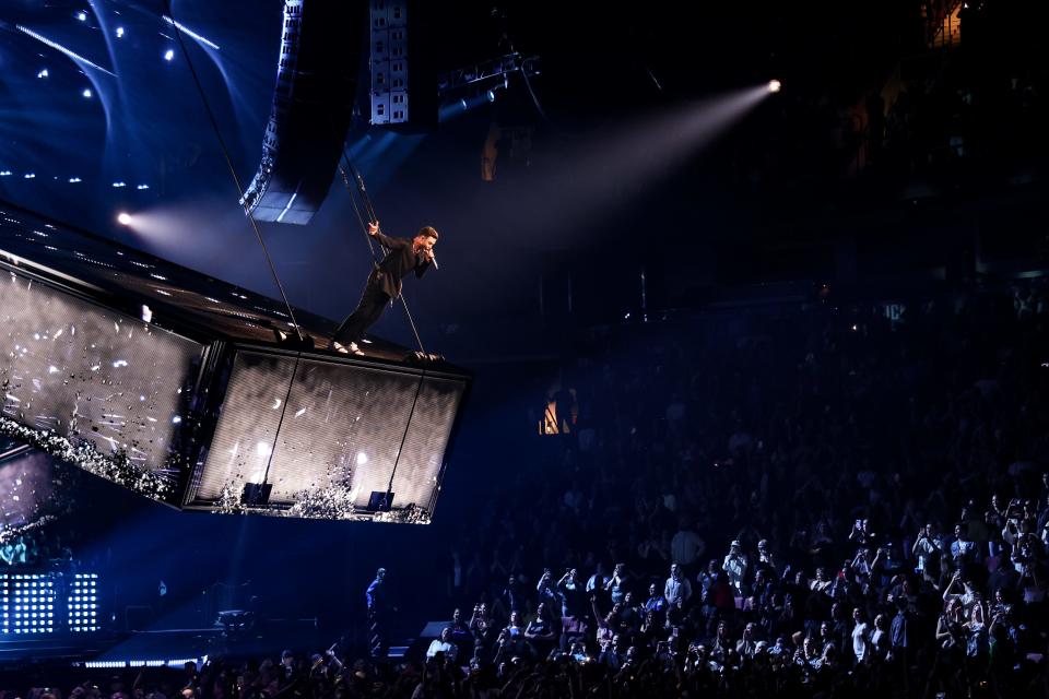 Justin Timberlake, shown at his April 29 show in Vancouver, ends the night on a floating stage.