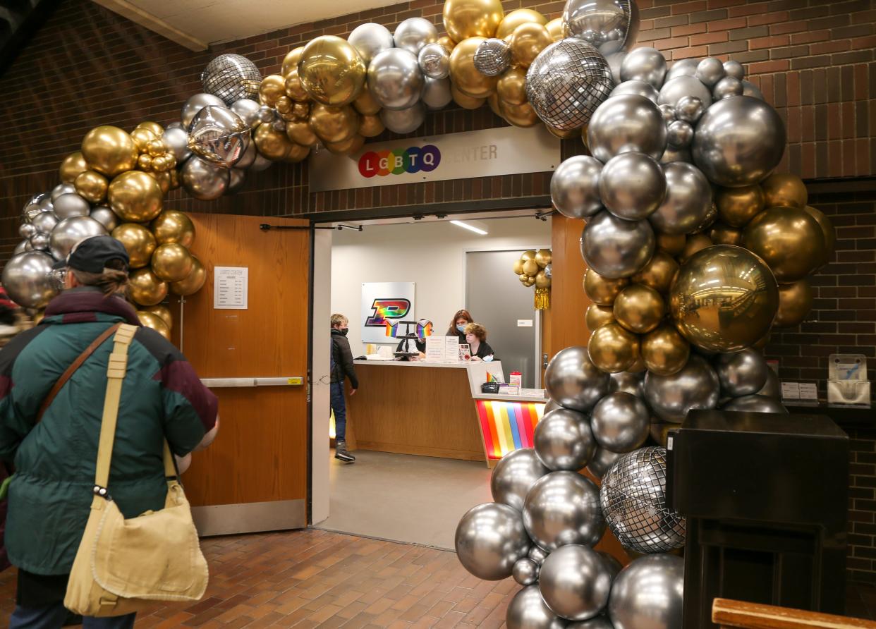 People walk into Purdue University's newest LGBTQ Center at the Hicks Undergraduate Library, on Friday, Jan. 27, 2023, in West Lafayette, Ind.