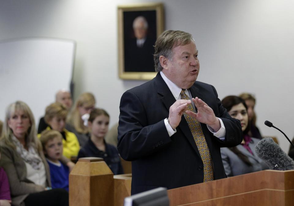 Plaintiff attorney Richard Gray makes his closing arguments in the second phase of Texas' school finance trial before State District Judge John Dietz, Friday, Feb. 7, 2014, in Austin, Texas. (AP Photo/Eric Gay)