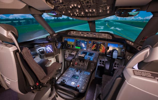 The 787 full-flight simulator shown here is one of two located at the Boeing Flight Services Seattle training campus. There are eight 787 training suites at five Boeing campuses -- Seattle, Tokyo, Singapore, Shanghai and London Gatwick.The 787 full-flight simulator includes dual heads-up displays (HUD) and Electronic Flight Bags (EFB). The simulator is designed to train pilots to become proficient in visual maneuvers, instrument landing system (ILS) and non-ILS approaches, missed approaches using integrated approach navigation, non-normal procedures with emphasis on those affecting handling characteristics, and wind shear and rejected takeoff training.