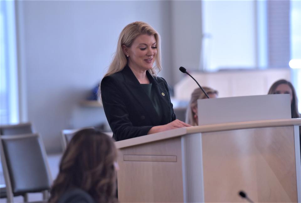 Amy Parsons, 48, speaks to the Colorado State University System Board of Governors after being formally hired as the 16th president of CSU's Fort Collins campus Friday at the university's Veterinary Teaching Hospital complex.