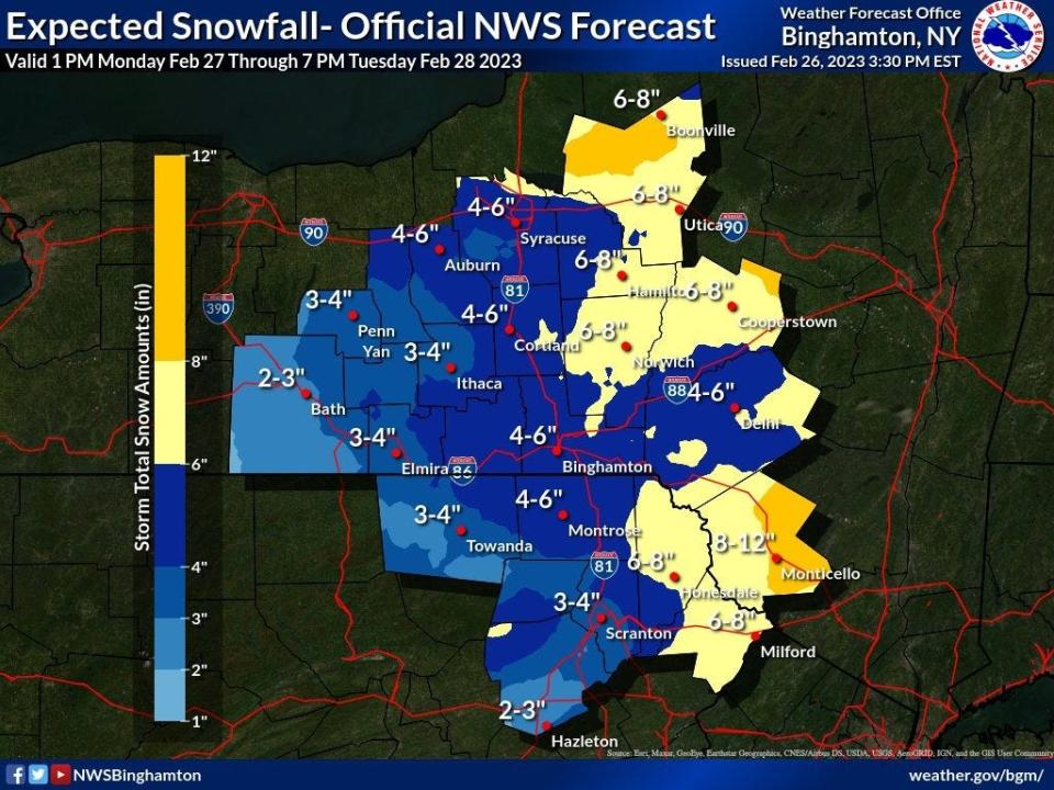 Expected snowfall from the National Weather Service in Binghamton on Feb. 27-28.