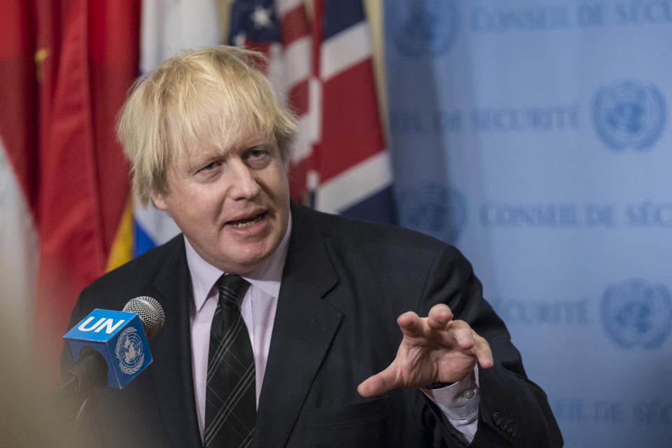 In conjunction with his chairmanship of back-to-back United Nations Security Council meetings regarding Somalia and South Sudan, Secretary of State for Foreign and Commonwealth Affairs for the United Kingdom of Great Britain and Northern Ireland Boris Johnson is seen speaking to the press at the Security Council stakeout at UN headquarters in New York, NY, USA on March 23, 2017. (Photo by Albin Lohr-Jones) *** Please Use Credit from Credit Field ***