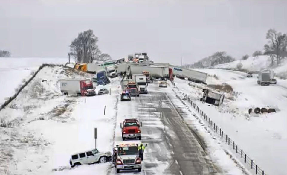 Image: A massive pileup on Interstate 80, Thursday, Feb. 4, 2021, west of Newton, Iowa (Iowa Transportation Department / AP)