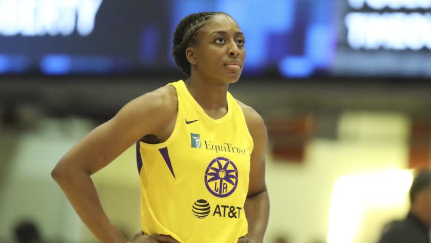 Los Angeles Sparks Nneka Ogwumike #30 is seen against the New York Liberty during a WNBA basketball game, Saturday, July 20, 2019, in White Plains, N.Y. The Liberty won the game 83-78. (AP Photo/Gregory Payan)