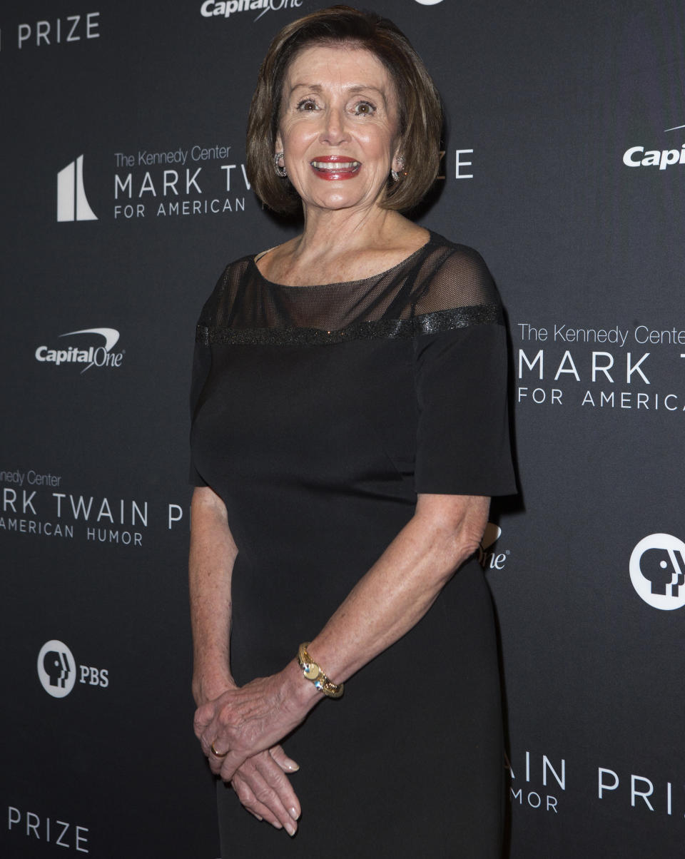 Nancy Pelosi arrives at the Kennedy Center for the Performing Arts for the 22nd Annual Mark Twain Prize for American Humor presented to Dave Chappelle on Sunday, Oct. 27, 2019, in Washington. (Photo by Owen Sweeney/Invision/AP)