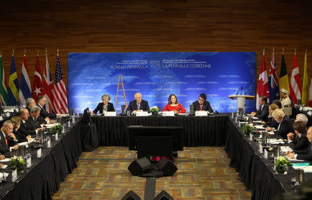 South Korean Minister of Foreign Affairs Kang Kyung-wha, U.S. Secretary of State Rex Tillerson, Canada’s Minister of Foreign Affairs Chrystia Freeland and Japan's Minister of Foreign Affairs Taro Kono are seen during the Foreign Ministers’ Meeting on Security and Stability on the Korean Peninsula in Vancouver, British Columbia, Canada January 16, 2018. REUTERS/Ben Nelms