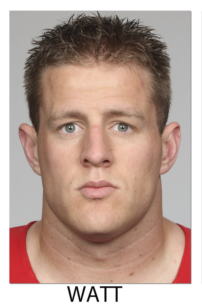 FILE - This 2013 file photos shows J.J. Watt of the Houston Texans, selected Friday, Jan. 3, 2014 to The Associated Press 2013 NFL All-Pro team defense. (AP Photo/File)