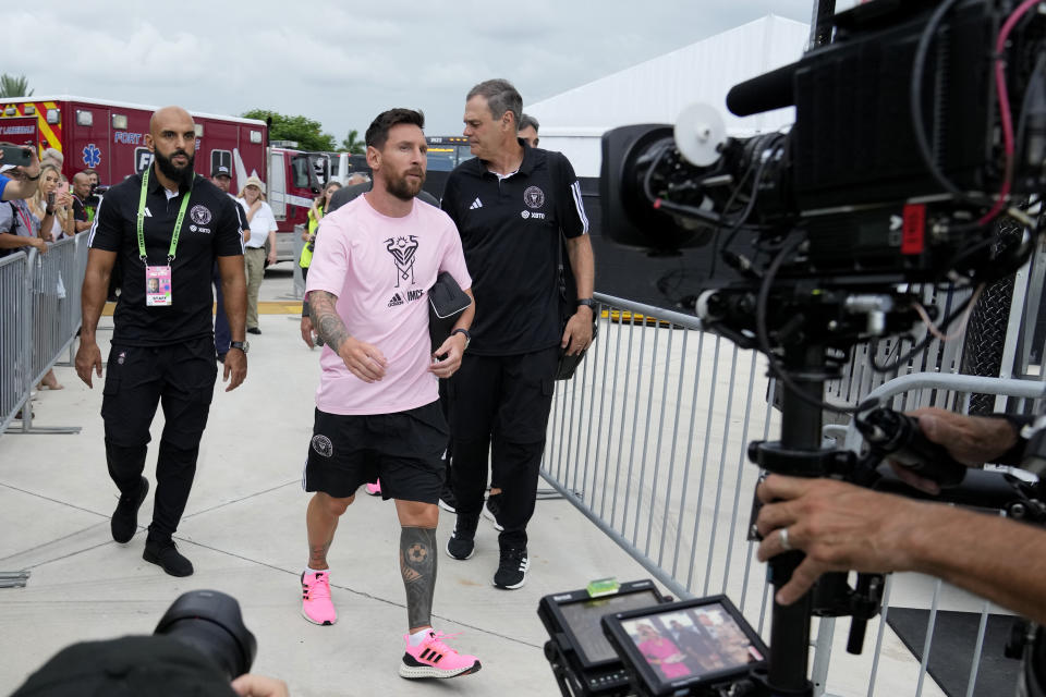 Inter Miami forward Lionel Messi arrives for the team's Leagues Cup soccer match against Orlando City, Wednesday, Aug. 2, 2023, in Fort Lauderdale, Fla. (AP Photo/Lynne Sladky)
