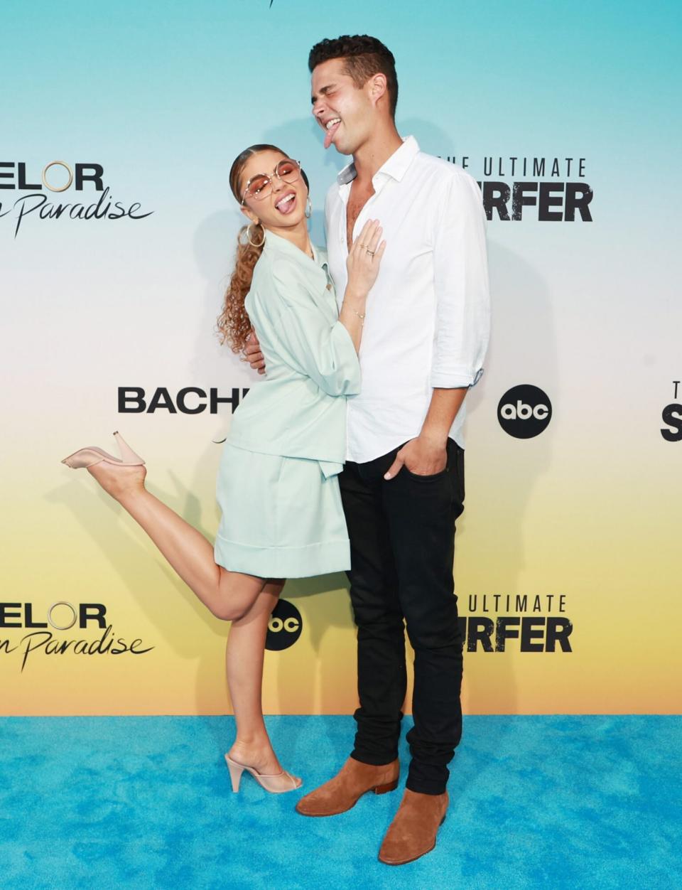 Sarah Hyland and Wells Adams attend ABC's "Bachelor In Paradise" And "The Ultimate Surfer" Premiere at Fairmont Miramar - Hotel &amp; Bungalows on August 12, 2021 in Santa Monica, California