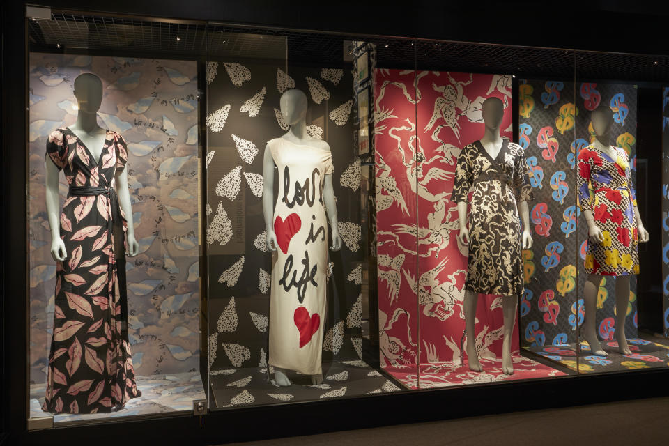 Art-inspired DVF dresses on display at the Fashion & Lace Museum in Brussels.