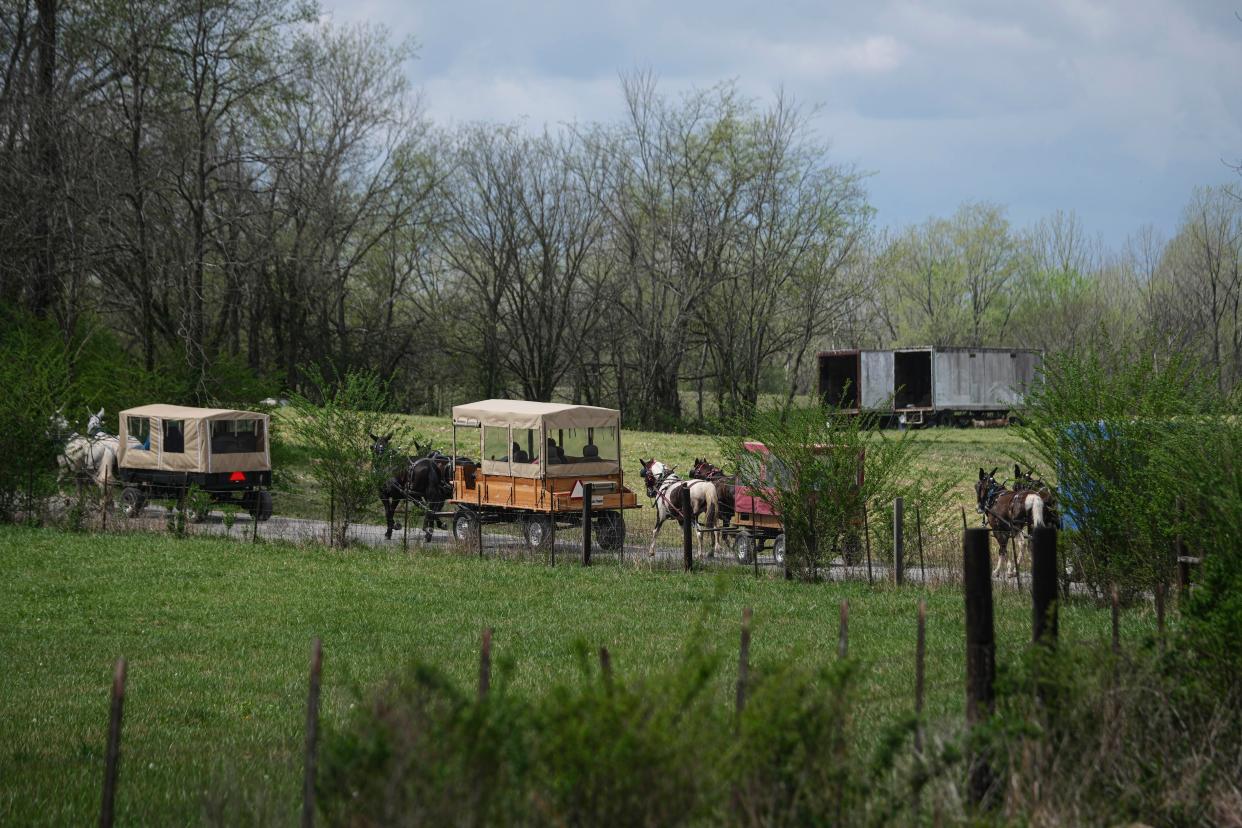 The back of the Mule Day Wagon train as seen on Stephenson Road in Maury County on April 3.