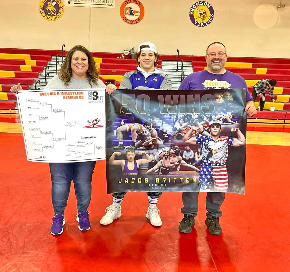 Bronson's Jacob Britten, shown here after winning the 190 pound Big 8 conference title and securing career win 150, was voted as this week's Breathe Free Duct Cleaning Athlete of the Week