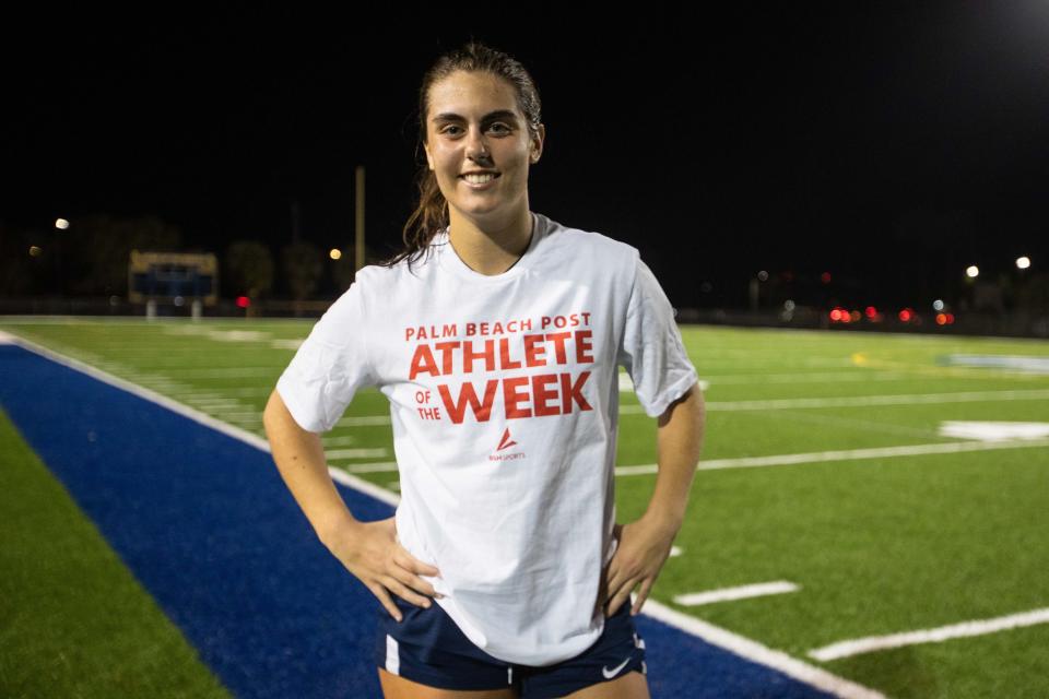 Boca Raton forward Laine Willis (5) is the Palm Beach Post Athlete of the Week, seen wearing the AotW shirt after the end of the game between Jupiter and host Boca Raton on Tuesday, January 17, 2023, in Boca Raton, FL. Final score, Boca Raton, 2, Jupiter, 1.