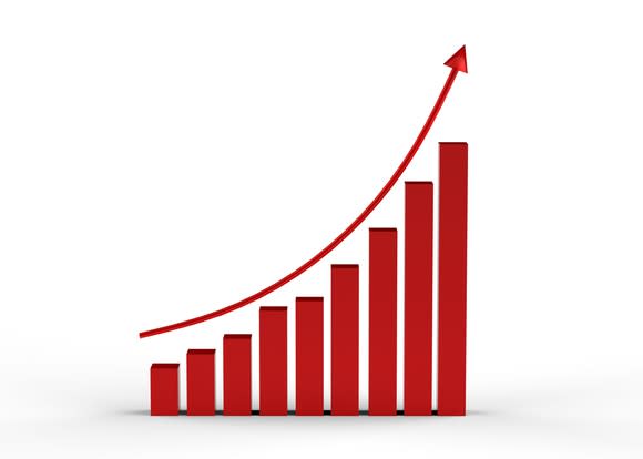 A red arrow curving up over an ascending bar chart.