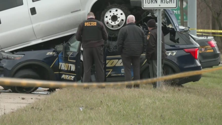 A crash between a pickup truck and a police cruiser has shut down U.S. 35 west of Dayton, Ohio, Jan. 8, 2024. (WDTN Photo)