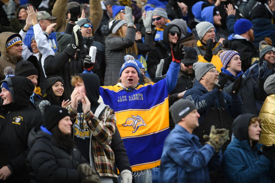 South Dakota State fans cheer during the FCS quarterfinals on Saturday, December 10, 2022, in Sioux Falls.