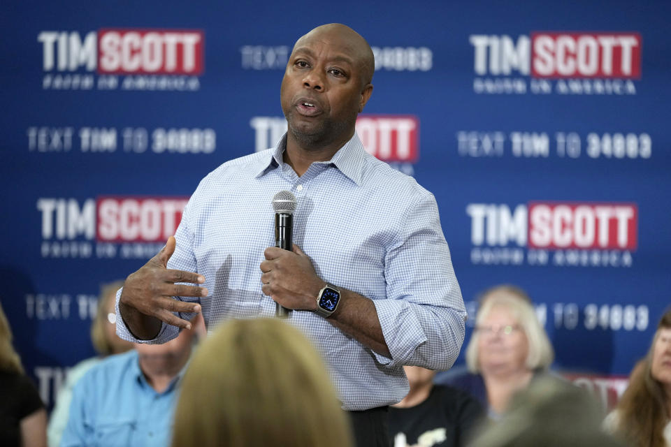 FILE - Republican presidential candidate Sen. Tim Scott, R-S.C., speaks during a town hall meeting, Thursday, Aug. 31, 2023, in Oskaloosa, Iowa. (Charlie Neibergall / AP file)