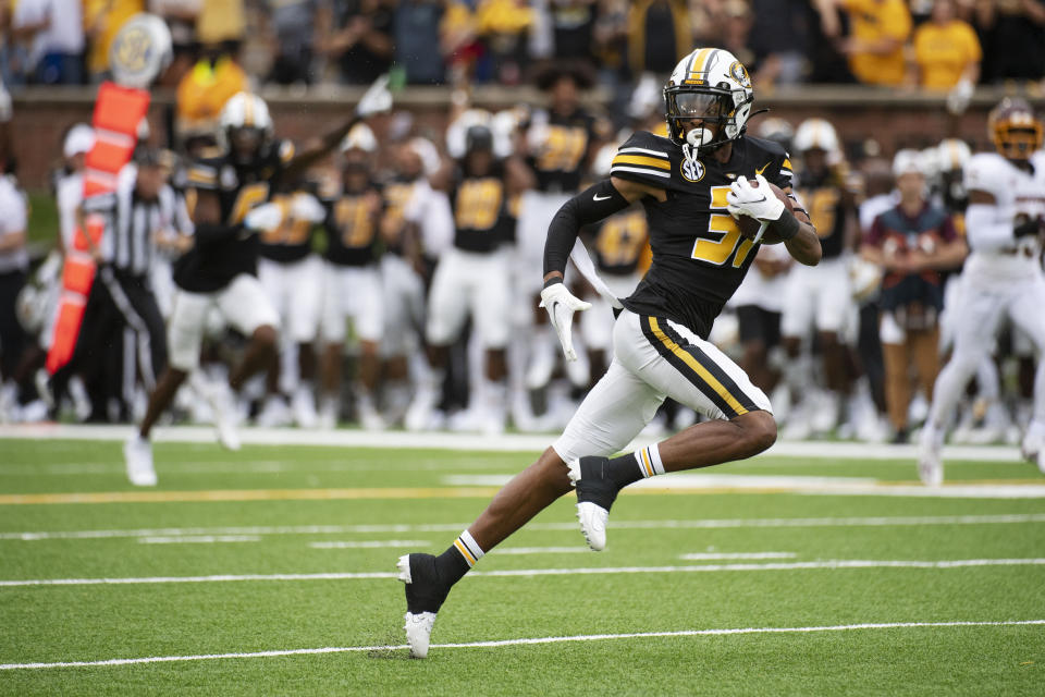 Missouri wide receiver D'ionte Smith pulls down a 63-yard reception during the first half of an NCAA college football game against Central Michigan, Saturday, Sept. 4, 2021, in Columbia, Mo. (AP Photo/L.G. Patterson)