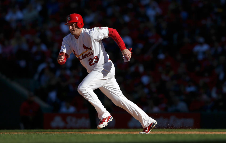 David Freese #23 of the St Louis Cardinals runs to second in the fourth inning against the Washington Nationals during Game One of the National League Division Series at Busch Stadium on October 7, 2012 in St Louis, Missouri. (Photo by Jamie Squire/Getty Images)