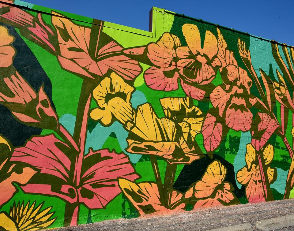 Artist George Rose of Austraila with the help of artist Presley Bergmooser of Monroe painted the large abstract mural on the wall of Logan Charles Salon in downtown Monroe as part of the Plnting Seeds program. The abstract painting features the Michigan monkeyflower (right) and the inland pigface flower from Australia.