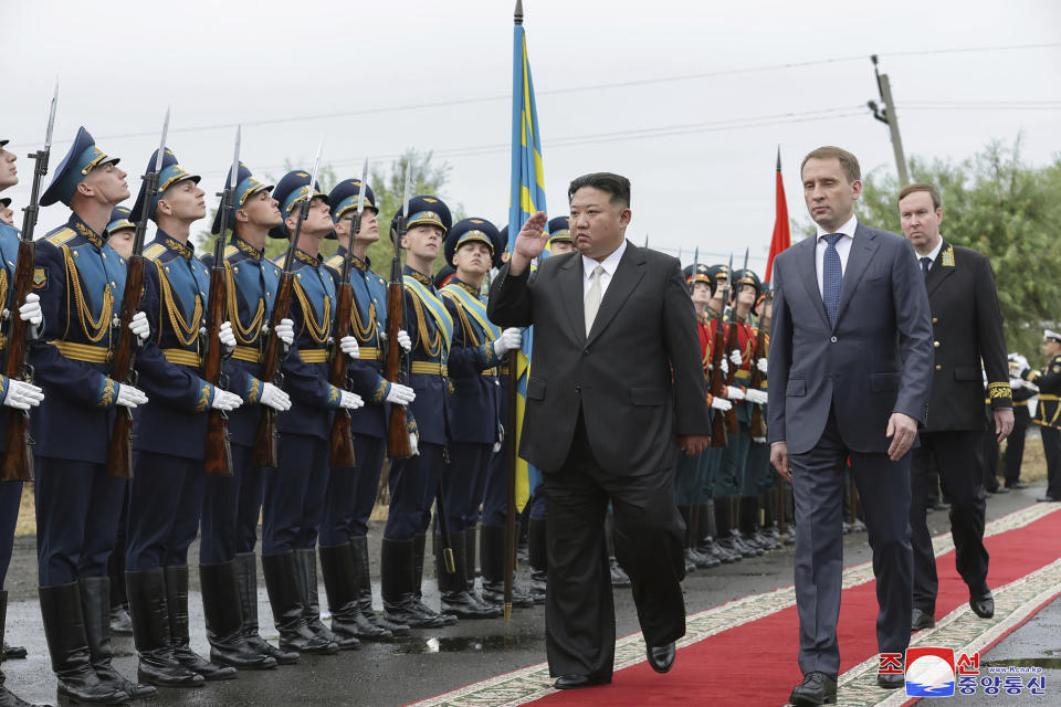 In this photo provided by the North Korean government, North Korea leader Kim Jong Un, center, prepares to leave for home at a station in Artyom, near Vladivostok, Russian Far East Sunday, Sept. 17, 2023. Independent journalists were not given access to cover the event depicted in this image distributed by the North Korean government. The content of this image is as provided and cannot be independently verified. Korean language watermark on image as provided by source reads: "KCNA" which is the abbreviation for Korean Central News Agency. (Korean Central News Agency/Korea News Service via AP)