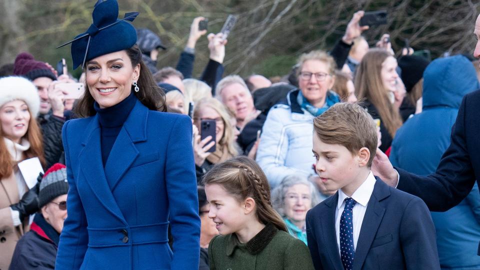 Catherine, Princess of Wales (L) with Prince George of Wales (R) and Princess Charlotte of Wales (C) attend the Christmas Day service at St Mary Magdalene Church on December 25, 2023 in Sandringham, Norfolk.