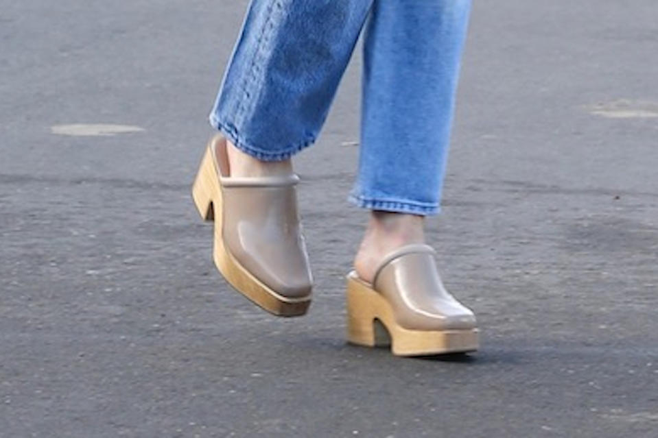 A closer look at Lucy Hale’s taupe clogs. - Credit: MEGA
