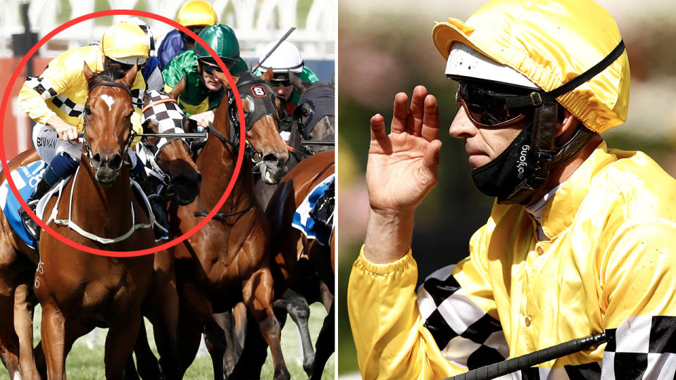 Hugh Bowman, pictured here in the Inglis Bracelet on Oaks Day.