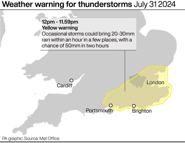 Map showing the parts of England covered by the yellow weather warning