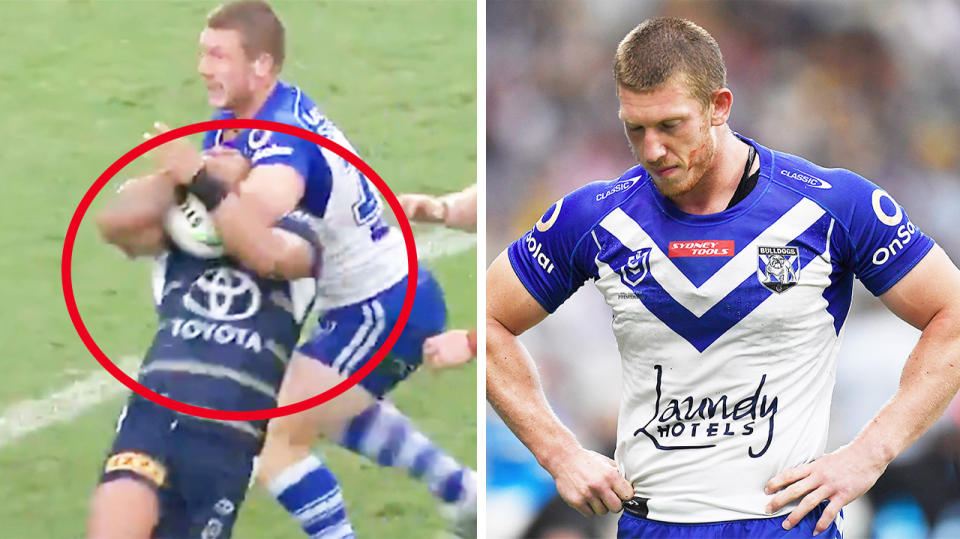 Jack Hetherington (pictured right) walking off the field after a send off for a head-high on Valentine Holmes (pictured left) on the weekend.