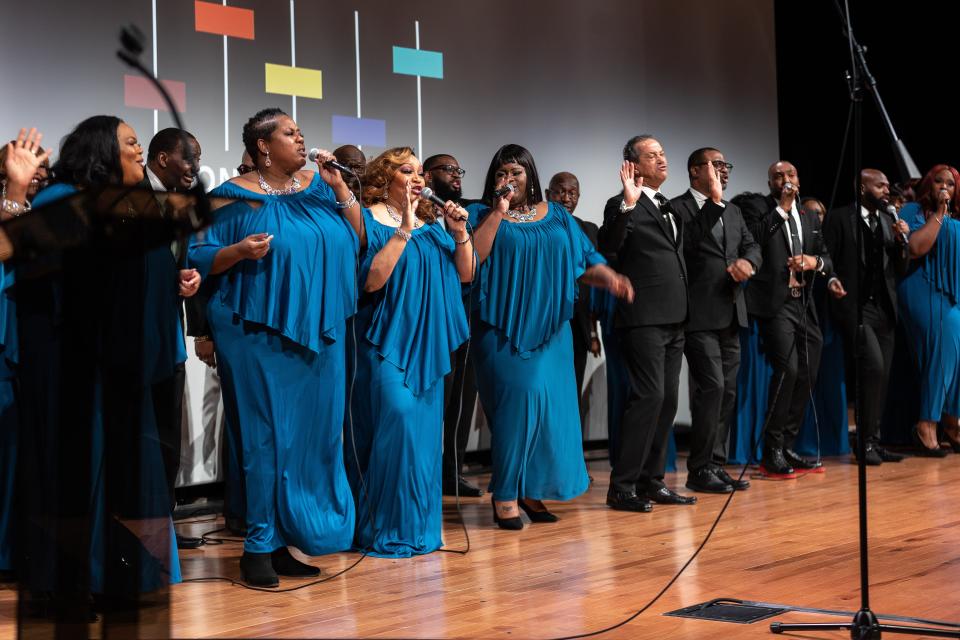 The Nashville Super Choir performs at the ceremony honoring the new museum exhibition for Dr. Bobby Jones at the National Museum of African-American Music