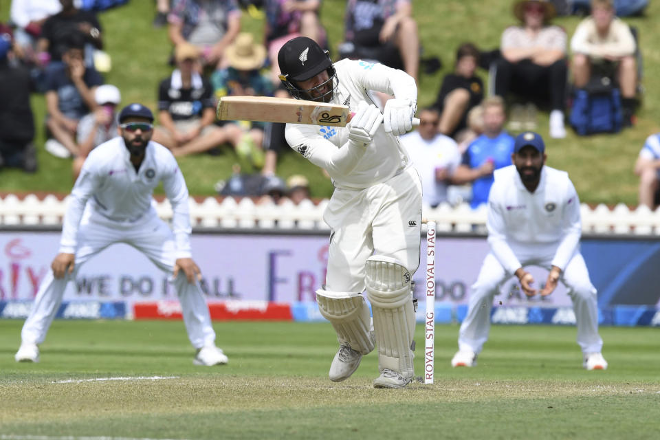 New Zealand's Tom Blundell bats against India during the first cricket test between India and New Zealand at the Basin Reserve in Wellington, New Zealand, Saturday, Feb. 22, 2020. (AP Photo/Ross Setford)