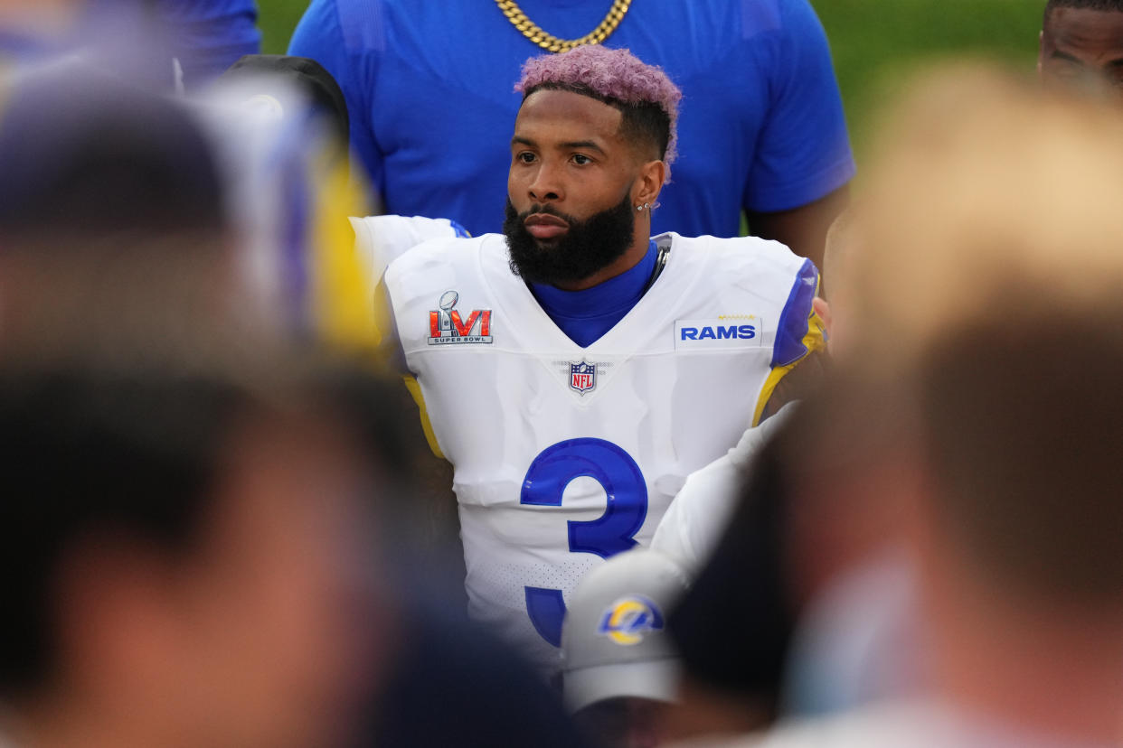 Odell Beckham Jr. is nearing his return from an ACL injury he suffered during Super Bowl LVI. (Photo by Cooper Neill/Getty Images)