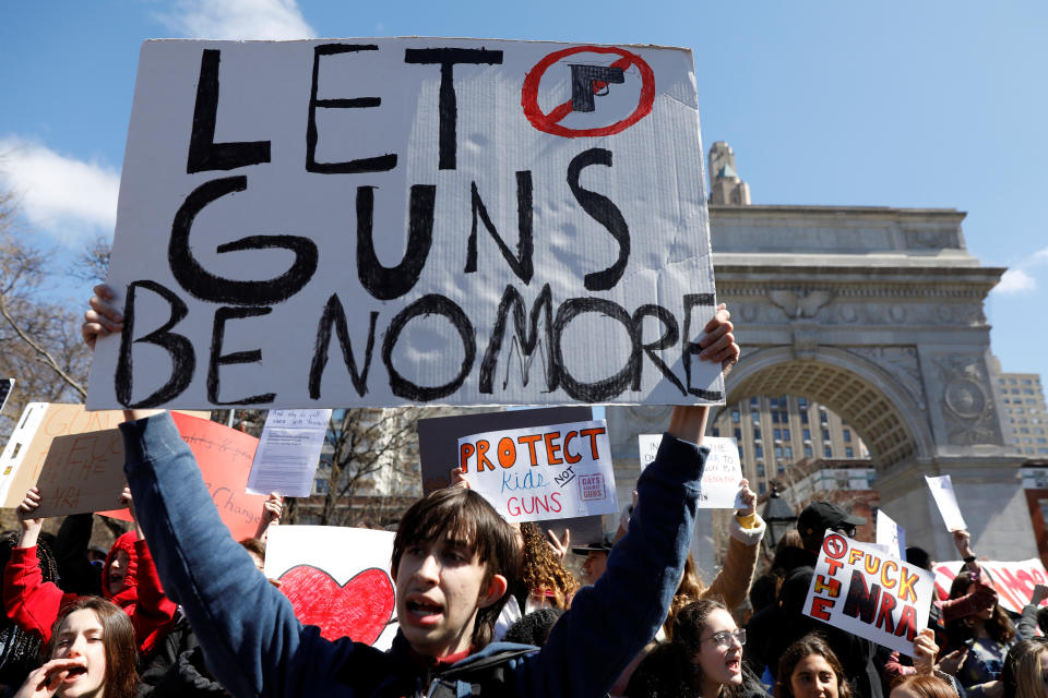 <p>Youths take part in a National School Walkout anti-gun march in Washington Square Park in Manhattan, New York City, April 20, 2018. (Photo: Mike Segar/Reuters) </p>