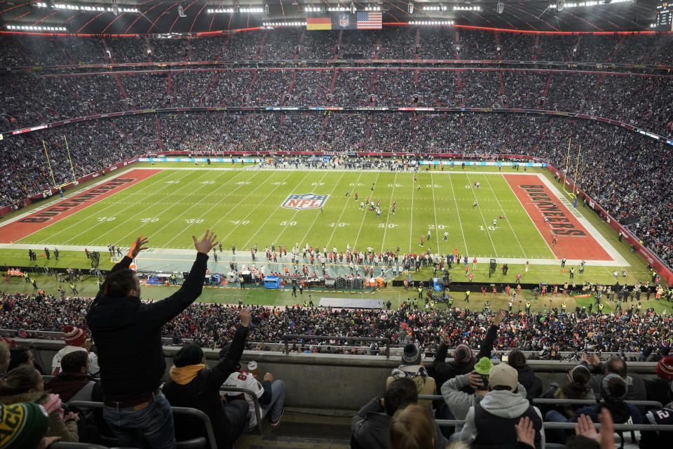 FILE - A fan reacts during an NFL football match between Tampa Bay Buccaneers and Seattle Seahawks at Allianz Arena in Munich, Germany, Nov. 13, 2022. The NFL says there are millions of German fans who are looking for a team to support. The Chiefs go first — they’ll play the Miami Dolphins on Sunday. A week later, the Patriots face the Indianapolis Colts. Both games are at Deutsche Bank Park. (AP Photo/Matthias Schrader, File)