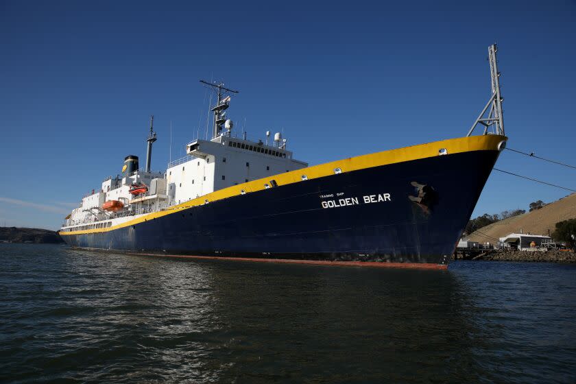 VALLEJO, CA - NOVEMBER 14: The Golden Bear training ship, part of the California State University Maritime Academy, seen in the Carquinez Straigh on Monday, Nov. 14, 2022 in Vallejo, CA. Students at Cal Maritime say that a longstanding toxic and misogynistic culture neglects to protect those outside the white male dominated-majority. The Maritime campus is unlike any other CSU - its students are cadets and wear uniforms and they are largely white and 80% male, with most getting jobs in the maritime industry. (Gary Coronado / Los Angeles Times)