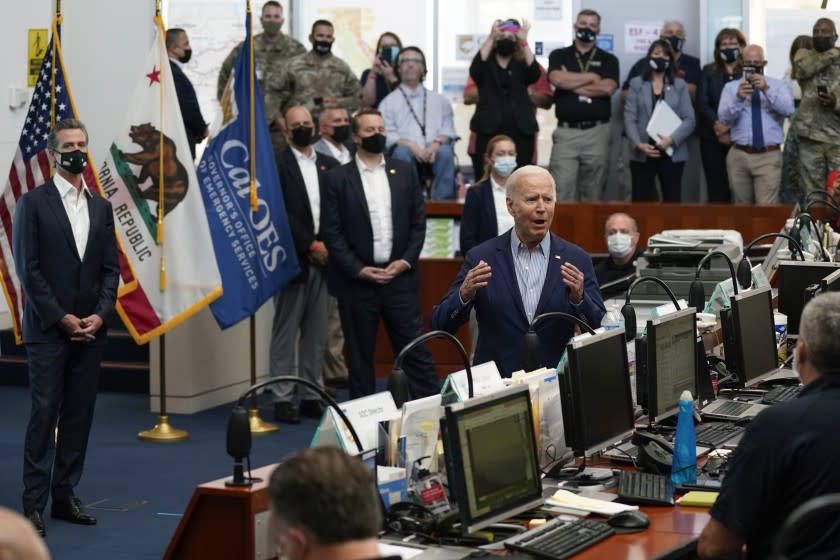 President Joe Biden speaks during a briefing on wildfires at the California Governor's Office of Emergency Services, Monday, Sept. 13, 2021, in Mather, Calif. (AP Photo/Evan Vucci)